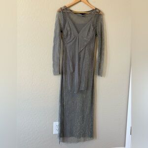 Women's House of Harlow 1960's Grey Rhinestone Mesh Maxi Dress - Small